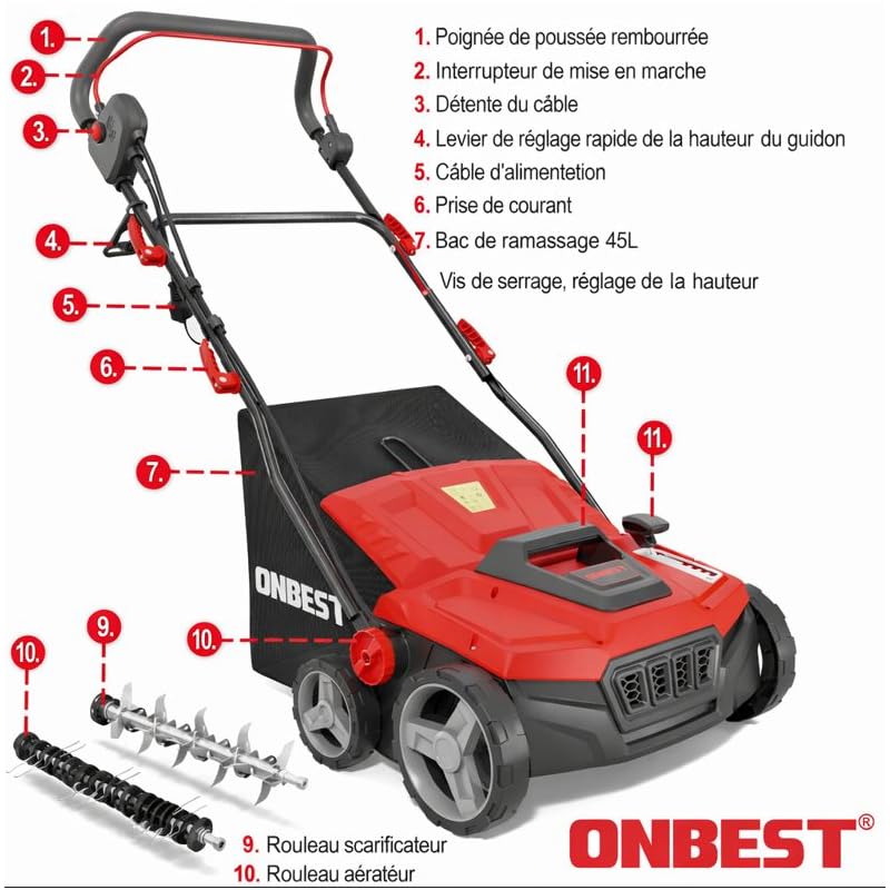 Scarificateur Aérateur de pelouse électrique 2 en 1 1800 watts Largeur travail 38cm