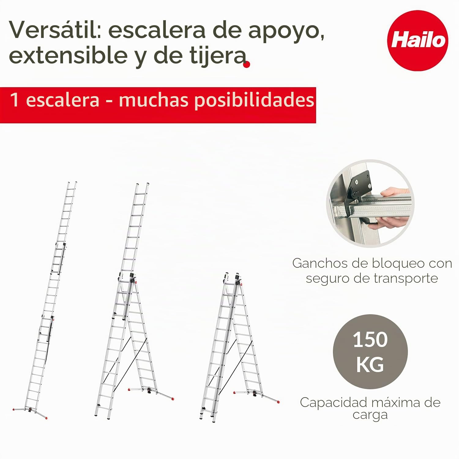 Hailo 9312-507 - Escalera Aluminio combinada 3 tramos con estabilizador Curvo ProfiLOT Combi (3x12 peldaños)