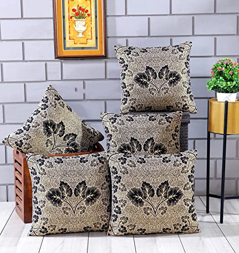 Image of Nendle Jacquard Weaved 16x16 inch Polycotton Ethnic Floral Cushion Cover Set of 5 (40 * 40cm, Black)-210 TC