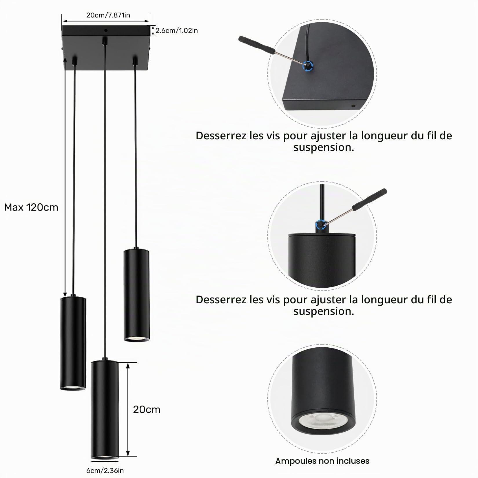 Klighten Suspension Luminaire Cylindre GU10, Lampe Suspension 3 Sopts Moderne pour Salon Chambre Cuisine Table à Manger, Hauteur Réglable, Noir, Ampoule non Incluse