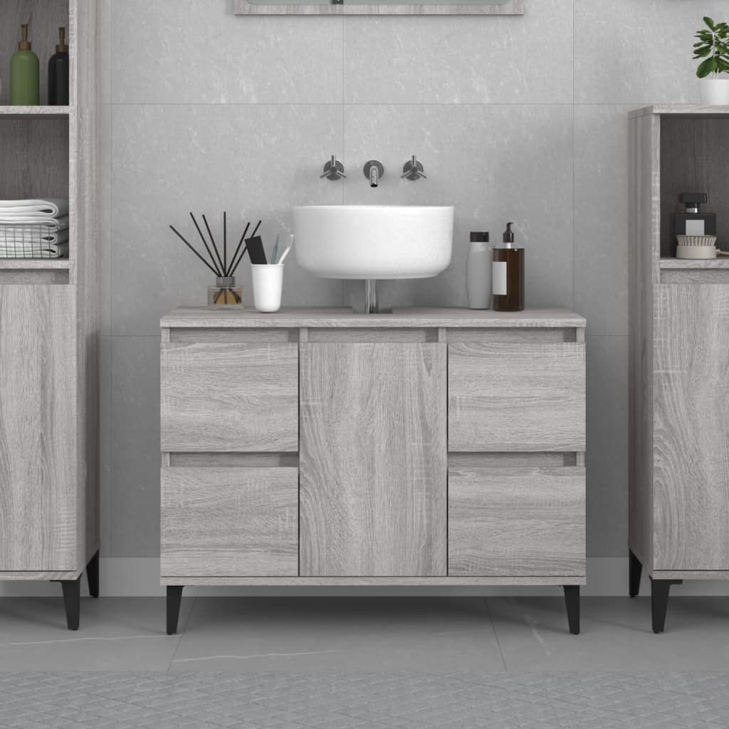 Mobile sottolavabo grigio sonoma, 80 x 33 x 60 cm, con 4 cassetti, anta e piedini in metallo, per mobili da bagno, mobiletto da bagno, mensola e spazio per riporre oggetti