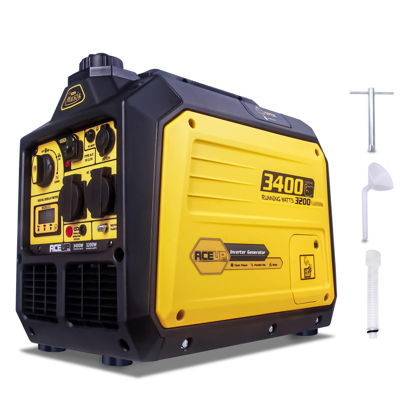 Aceup Energy 3400 W Générateur à onduleur, générateur à essence, générateur de secours avec prises de courant CA 230 V, 12 V et 5 V, moteur 4 temps, réservoir de 5 litres, pour le camping, la maison