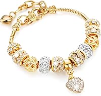 Sinalty Gold Beads Rhinestone Heart Charm Adjustable Bangle Bracelet for Women - Luxury Sparkling Jewelry