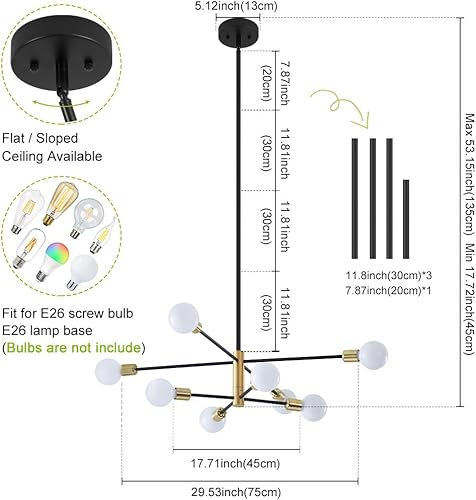 Miniatura 2 de Deyidn Sputnik - Lámpara de techo moderna industrial E26 de mediados de siglo, lámpara de techo negra y dorada para sala de estar, cocina,
