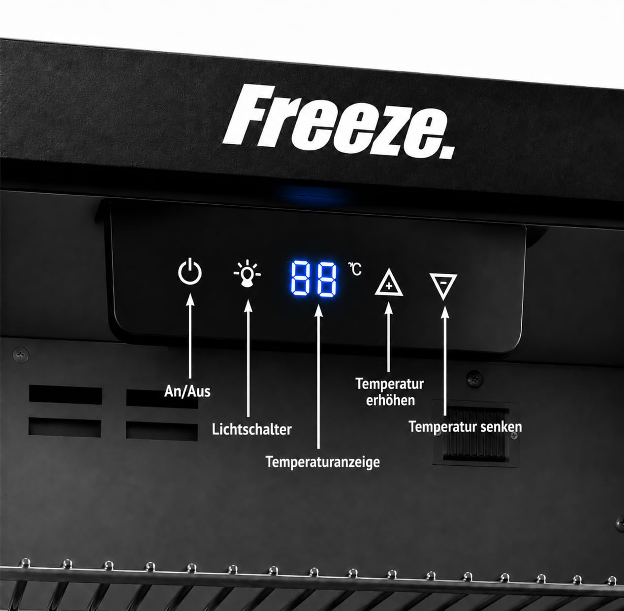FREEZE. NinetyB+ 86L Getränkekühlschrank, Mini-Kühlschrank für 126 Dosen, Glastürkühlschrank, Weinkühler, kleiner Kühlschrank mit Glastür und verstellbaren Regalen, frostfrei, Schwarz