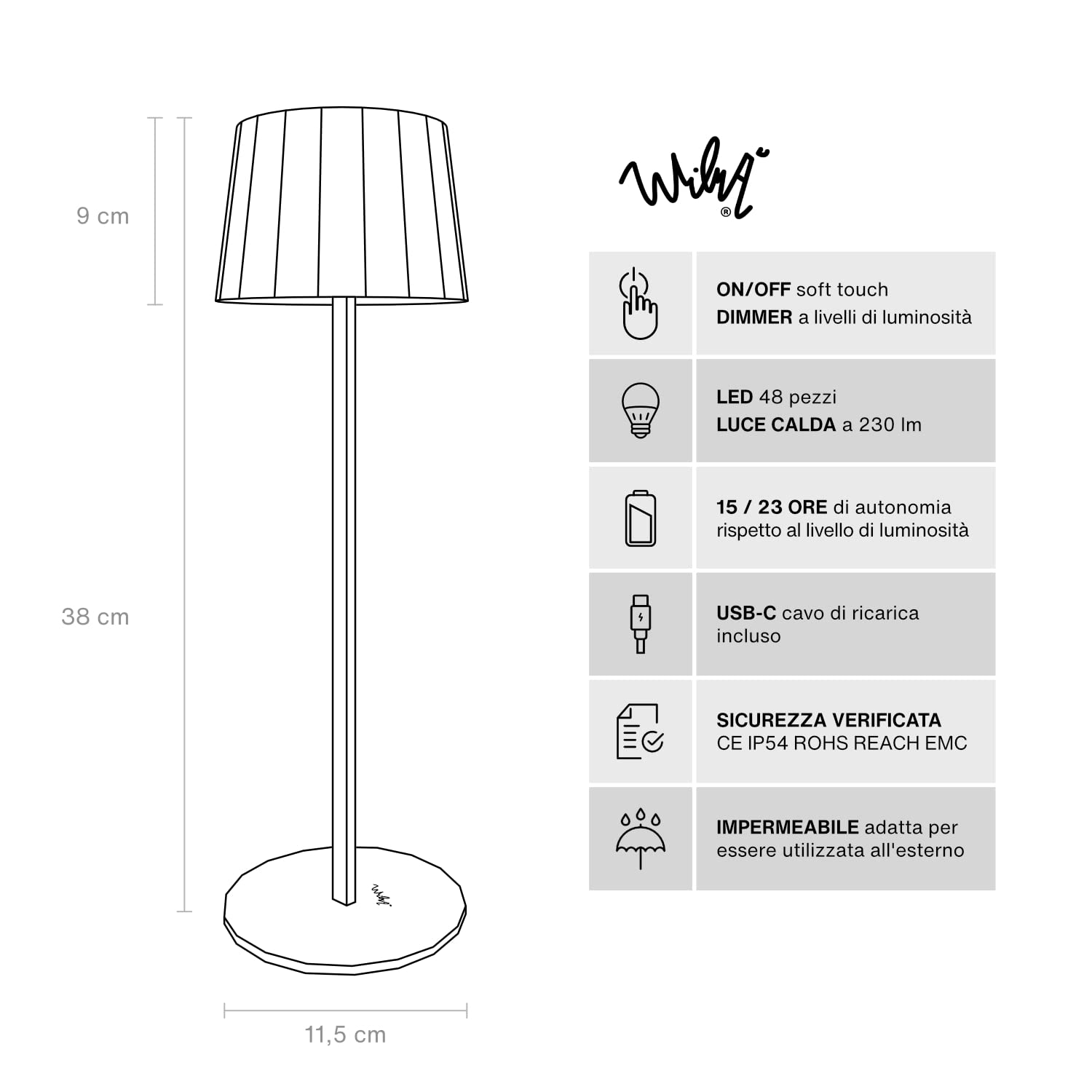 Classic Lampada da Tavolo Design Senza Fili Impermeabile IP54 in Alluminio Autonomia 23 Ore, Lampada Dimmerabile Led Senza Fili Ricaricabile con Touch Control, 5200 mAh (Antracite)