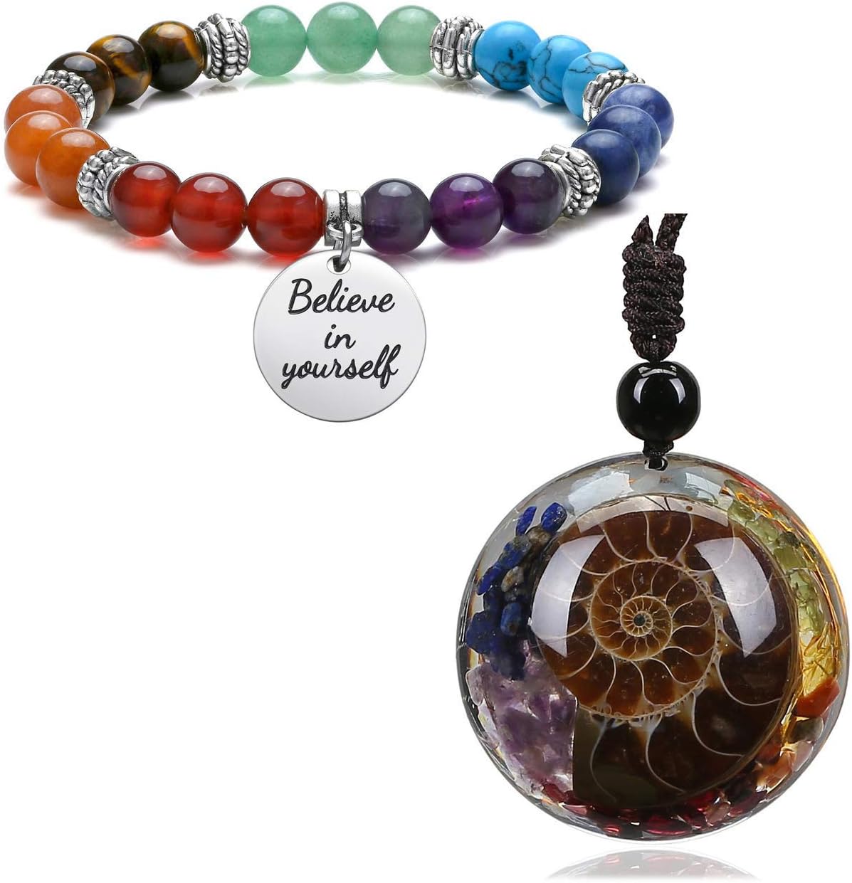 Top Plaza Bundle – 2 Items: 7 Chakra Stone Bead Bracelets Inspirational Message Charm Bracelet - Believe in Yourself & 7 Chakra Natural Stone Pendant Necklace Adjustable Resin Ammonite Fossil Spiral N