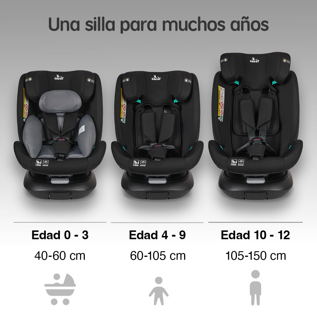 Toral Silla Coche Bebe Grupo 0 1 2 3 ISOFIX para niños de 40-150 cm (0 Meses-12 Años aprox.), base Giratoria 360, Normativa R129, Silla Bebe Coche con pata de apoyo, Color Negro, Modelo Imola+