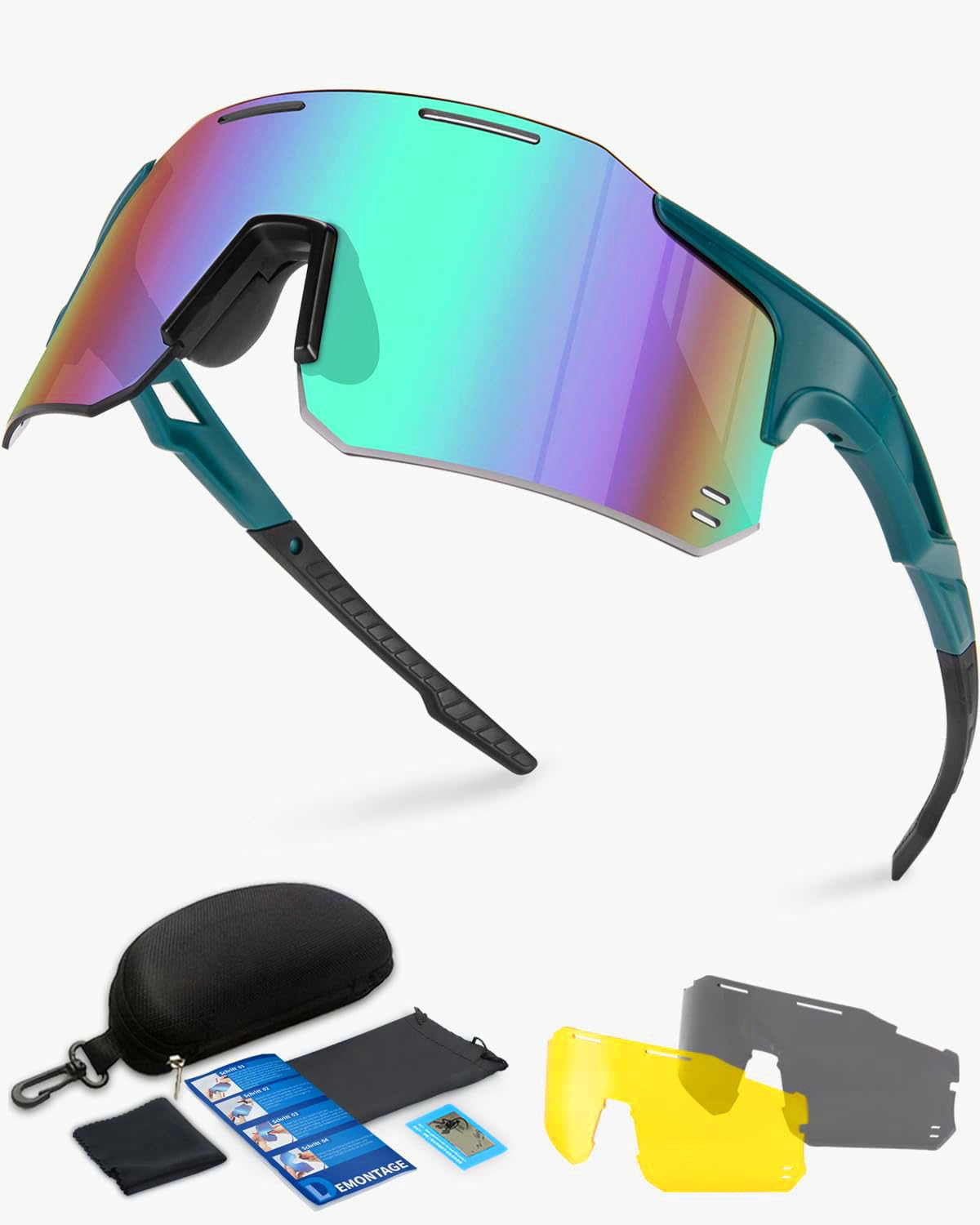 Winyoher Schnelle Brille Herren Winddicht Sport Sonnenbrille Damen-UV400 Schutz Fahrradbrille Ultraleicht Randlos Sportbrille mit 3 Austauschbare Linse für Radfahren MTB Angeln Fahrrad Laufen