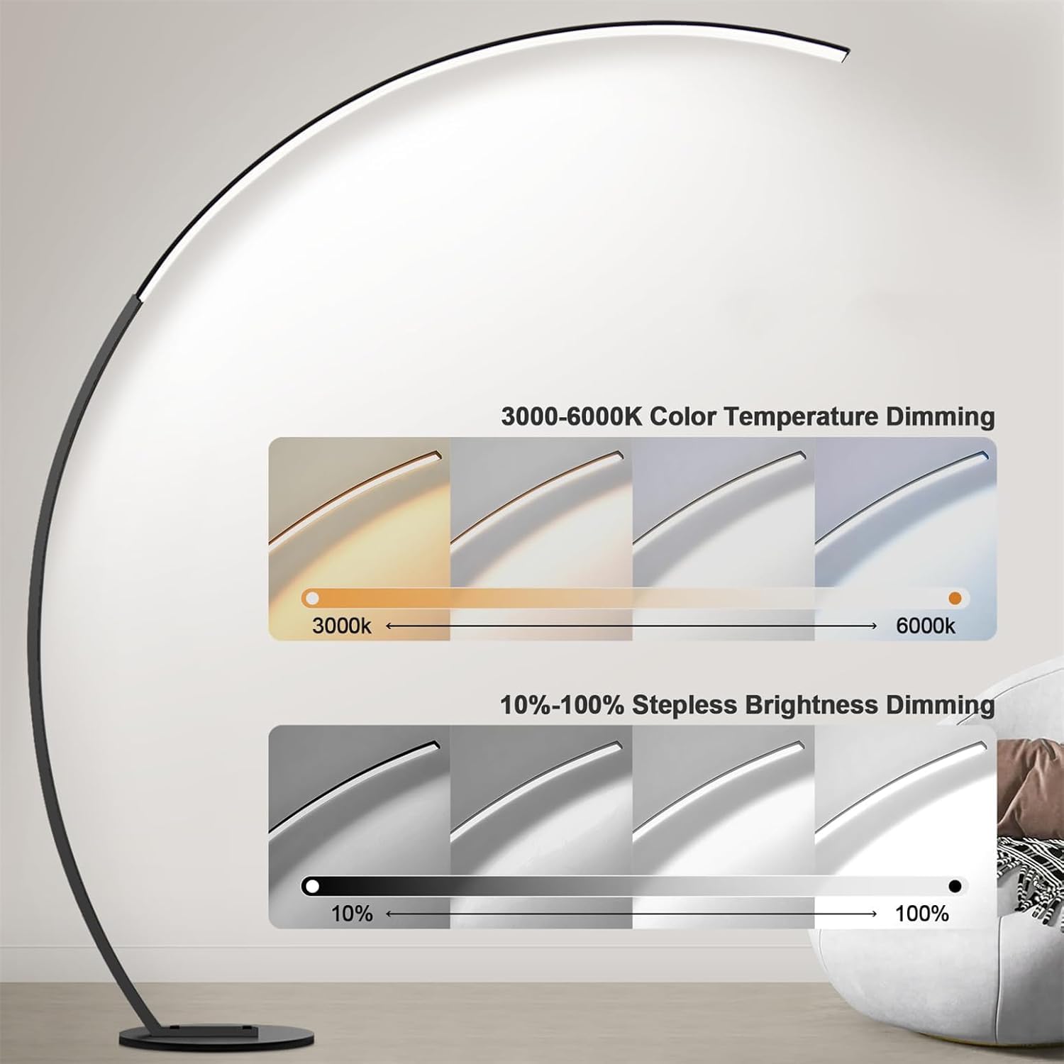 Lampada da Terra Ad Arco Moderna, Alta 170 Cm, con Telecomando, 3 Temperature di Colore E Lampada da Lettura Ad Arco Dimmerabile A 3 Livelli, Lampade Ad Arco A LED per Soggiorno, Camera, Black