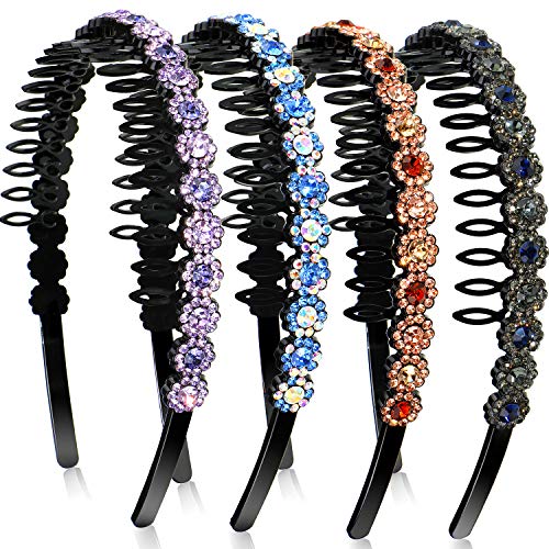 4 Pieces Wave Rhinestone Headbands Comb Crystal Hair Hoop Teeth Comb Headbands for Women Girls (Purple, Blue, Champagne, Grey Green)