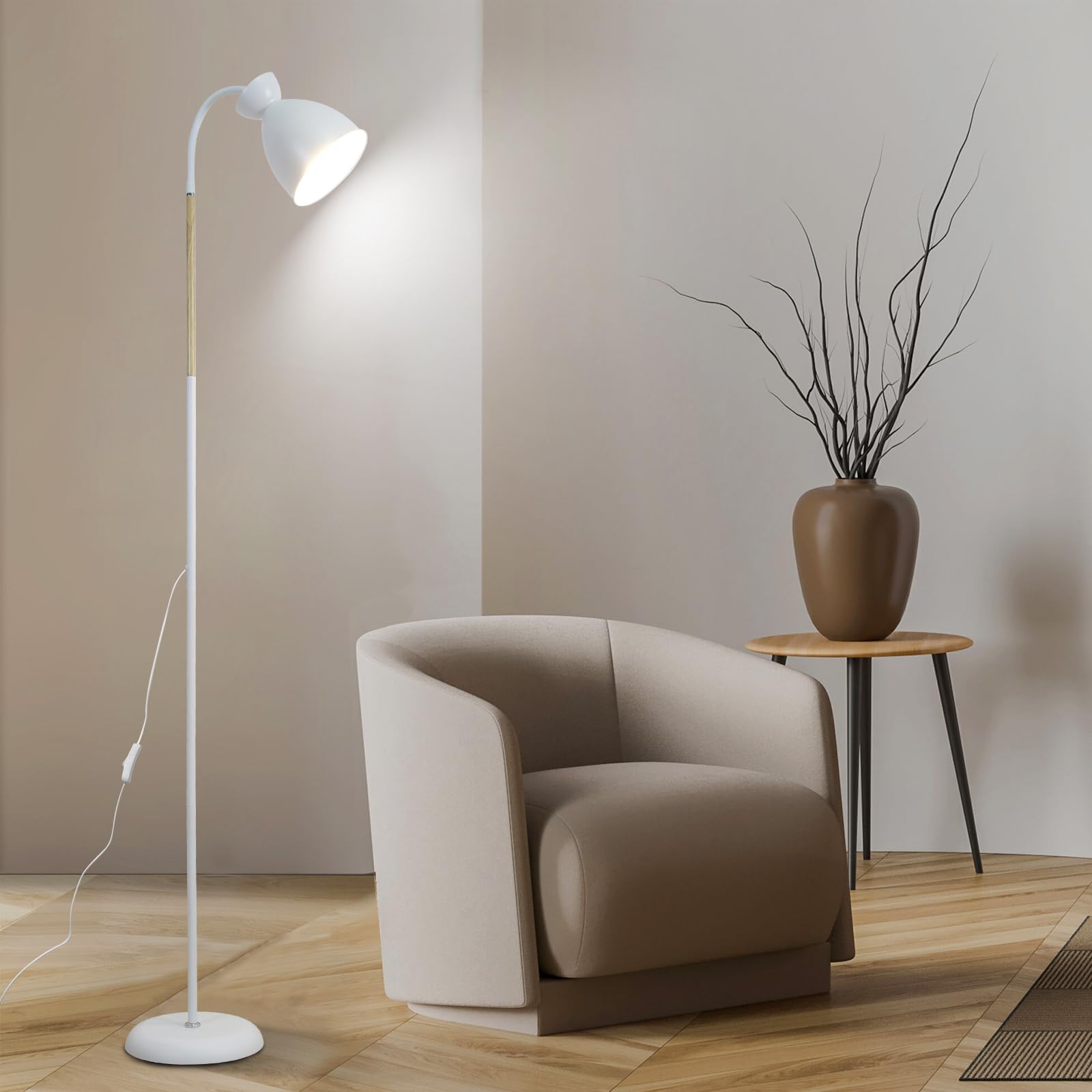 Amdelne Lampada da Terra Vintage in Metallo, E27 MAX 60W Luce da Lettura LED con Lampadina Esclusa, Bianco Piantana Luce Regolabile H 159 cm Design per Salotto, Camera da Letto, Ufficio, Studio
