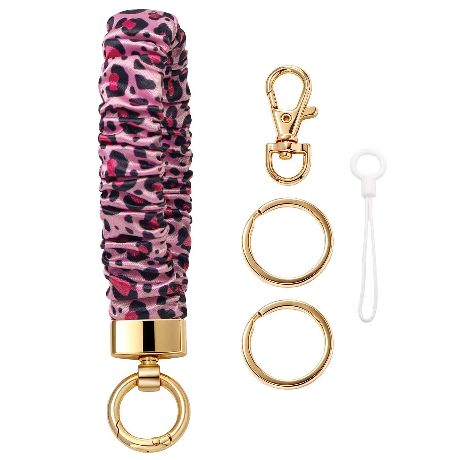Snylcce Unisex Pink Leopard Print Stretchy Wristlet Keychain,Scrunchie Key Ring Bracelet For Car Keys,Fashion Wrist Key Holder