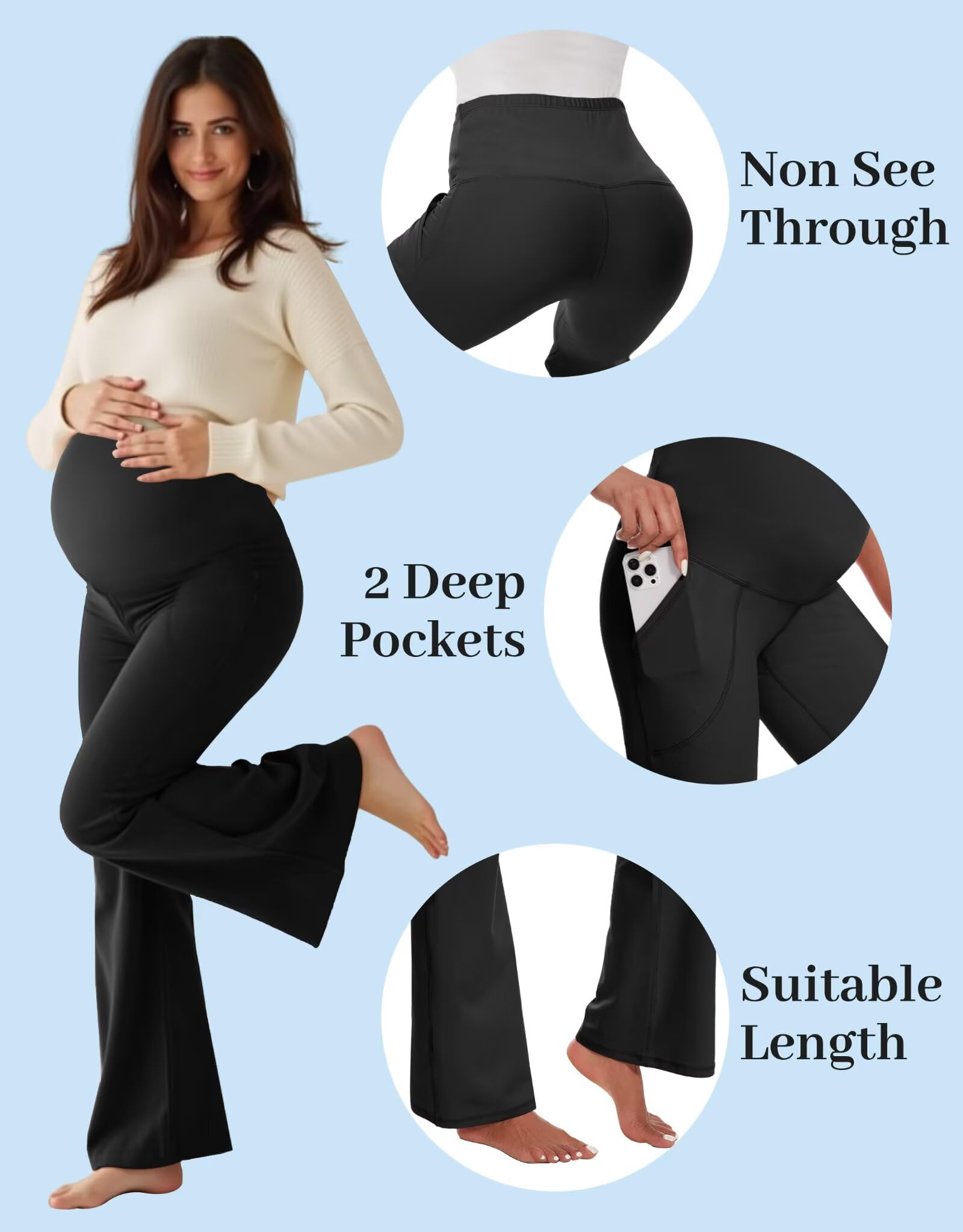 Fotociti Leggings acampanados de maternidad con bolsillos, pantalones suaves de embarazo para mujer sobre el vientre para yoga, entrenamiento activo
