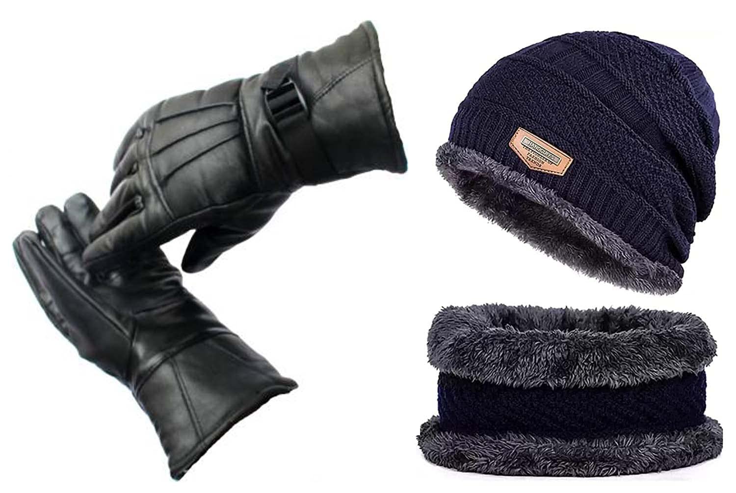 DEXO Winter Bike Riding Leather Gloves With Woolen Unisex Fur Beanie Cap/Hat And Neck Warmer Scarf Set For Mens And Womens, Black (Pack of 1) (B09N9XNY7Q) Amazon Price History, Amazon Price Tracker