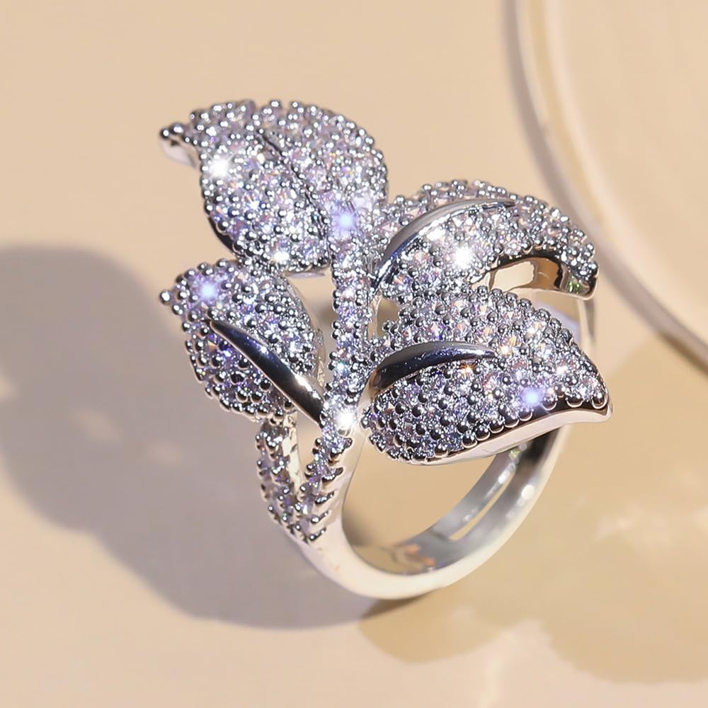 Kokoma Elegant Cubic Zirconia Leaf Statement Ring for Women, Adjustable Crystal Rhinestone Band Wedding Ring Engagement Promise Rings Dainty Jewelry - Image 4