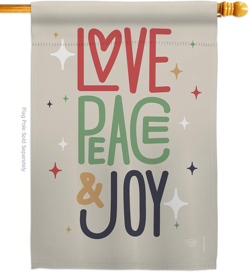 Love Peace Joy House Flag Wintertime Winter Wonderland Snowflake Snowman Ice Skate Season Snow Small Decorative Gift Yard Banner Made In USA 28 X 40