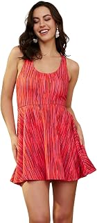 Berrylush Women Abstract Printed Round Neck Criss-Cross Back Flared A-Line Mini Swimming Dress Price In India