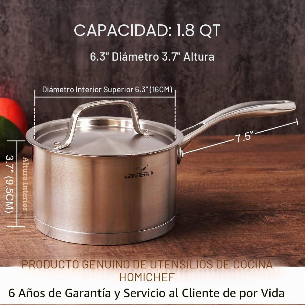 HOMICHEF Cazo/Olla de Acero Inoxidable Pulido Mate Sin Níquel Con Tapa (16 cm, 1,7 litros) - Cazo de Inducción Acero Inoxidable 21/0