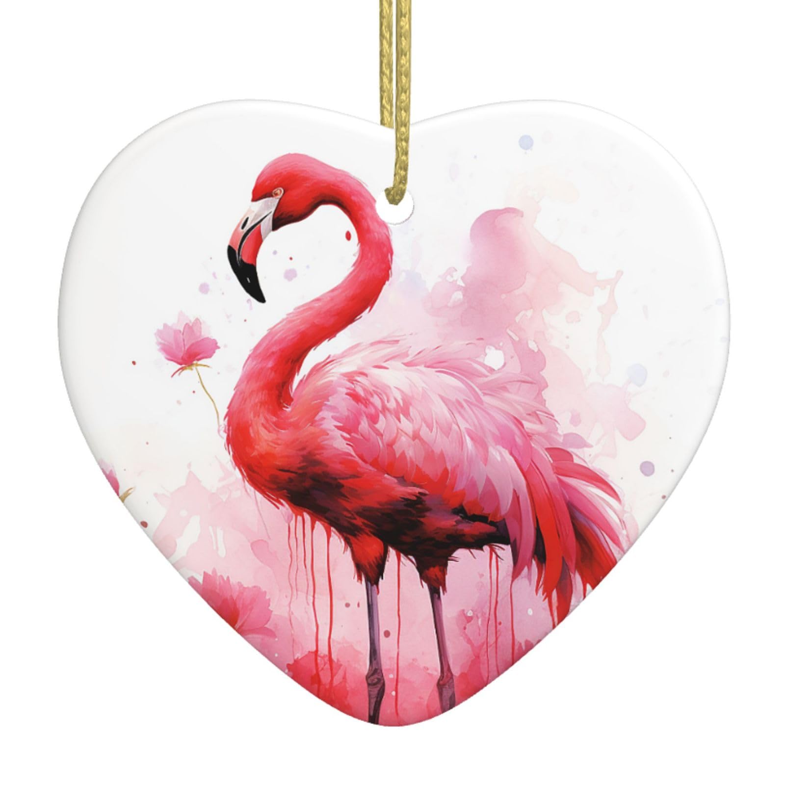Flamingo Watercolor Christmas Ornament 2025 Heart Ceramic Hanging Ornaments for Home Decor Christmas Decorations with Gold Rope Double-Sided Xmas Tree Ceramic Hanging for Holiday Party