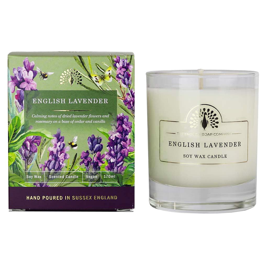 The English Soap Company Signature Scented Candle, Hand Poured Scented Soy Wax Candle with 35 Hour Burn Time, English Lavender Scented Candle, 170mls