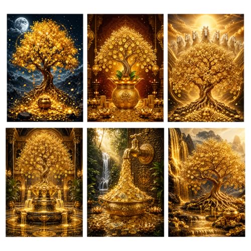 Image of Nivin Stores Golden Money Tree Wall Poster Set of 6 (12x8 Inch, A4, Unframed) | Luxury Wealth & Prosperity Art Prints for Living Room, Bedroom, Office & Home Decor | Premium Golden Tree Wall Art for Gift & Decoration
