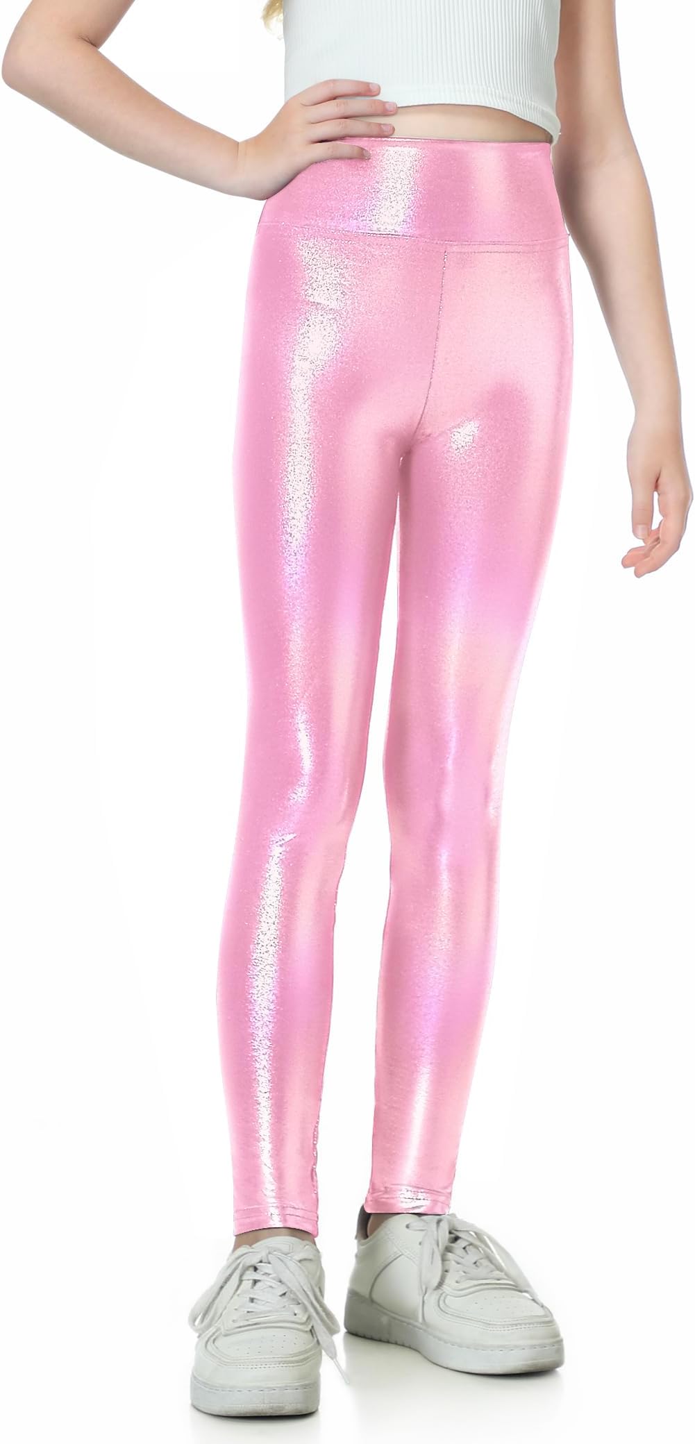 Girls Metallic Leggings High Waisted Kids Yoga Pants Stretch Shiny Running Dance Tights for Teen School Workout