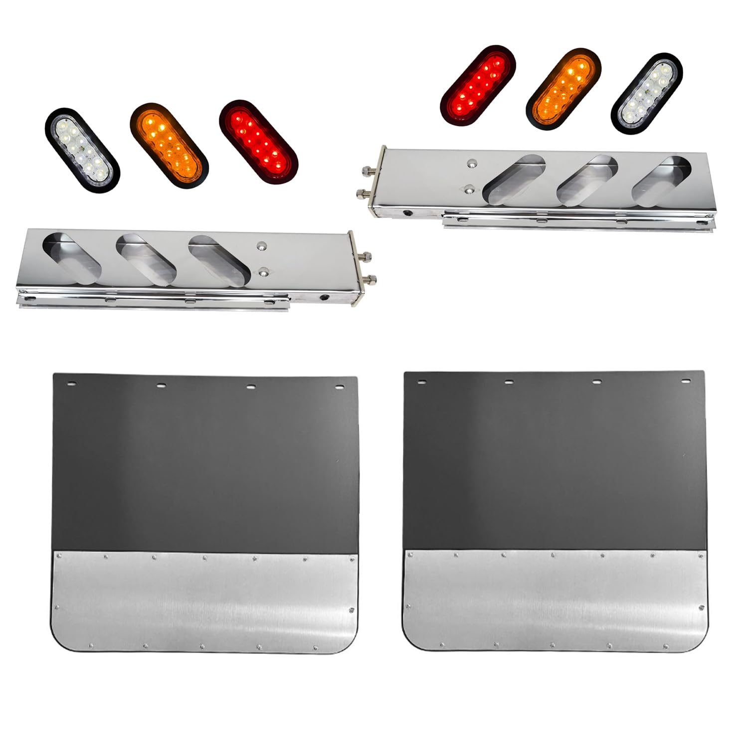 10PCS 24" x 24" Black Mud Flaps w/Stainless Steel Plates &amp; Oval Light Stainless Steel 2-1/2” Straight Bolt Pattern Spring Loaded Mud Flap Hangers &amp; 6" 10 LED Stop Turn Tail Brake Lights 12V