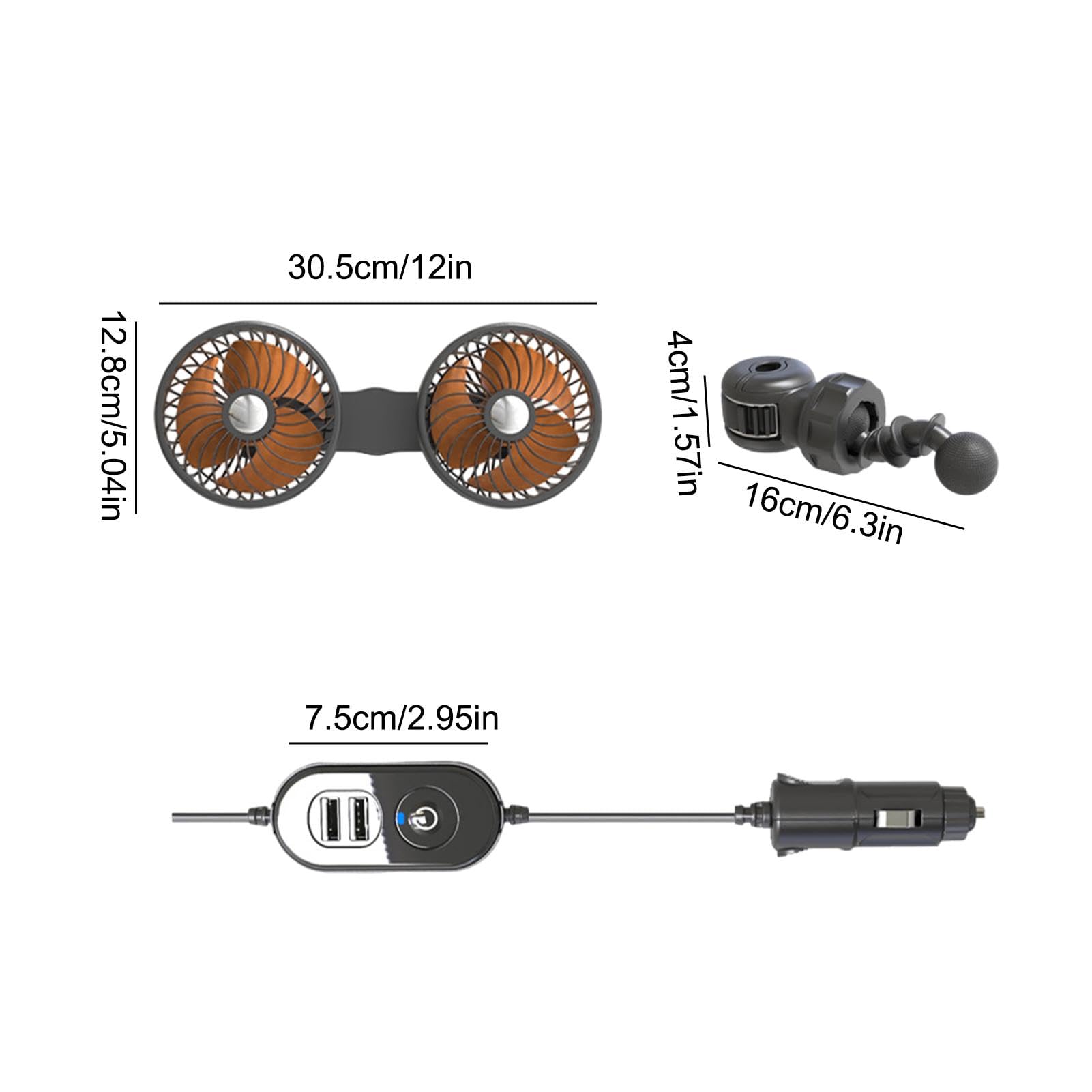 Ventilador de coche USB,Ventiladores de asiento de coche | Ventilador de coche con carga USB giratorio de 12 V y cabezal doble | Suministros de refrigeración, fácil instalación, ventilador de funciona