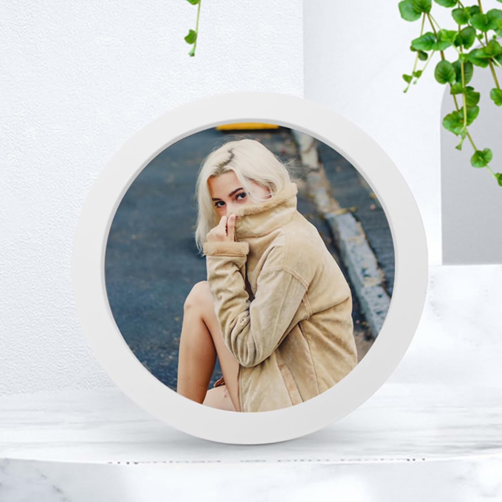 Alblinsy Round Wooden Wall Photo Frame – 8 Inch White Hanging Picture Frame For Home & Office Decor