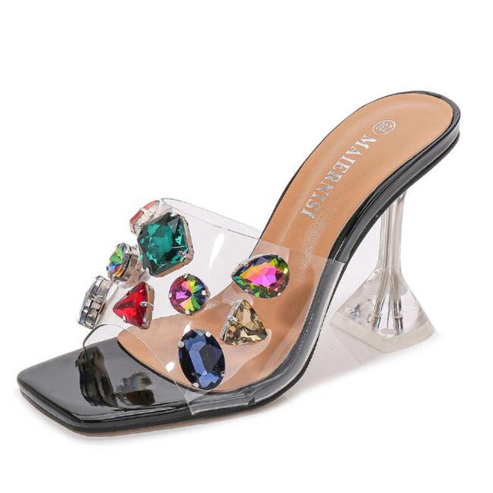 Verano Moda Cristal Diamante Diapositivas Claro Transparente Zapatillas Mujer Zapatos Peep Toe Delgados Tacones Hihg Vestido Bombas