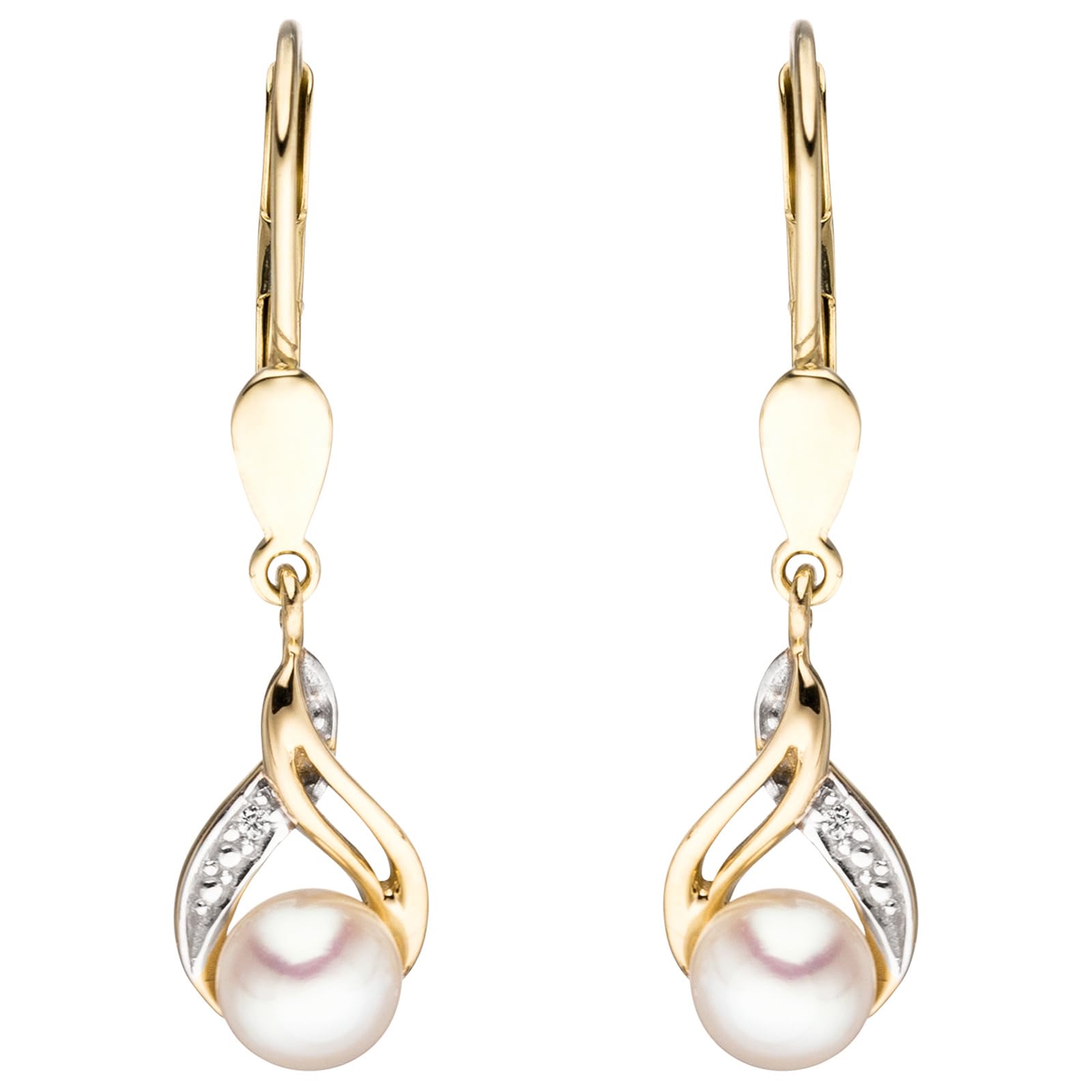 Jobo Damen-Ohrringe hängend aus 14 Karat 585 Gold mit Perlen und 2 Diamanten