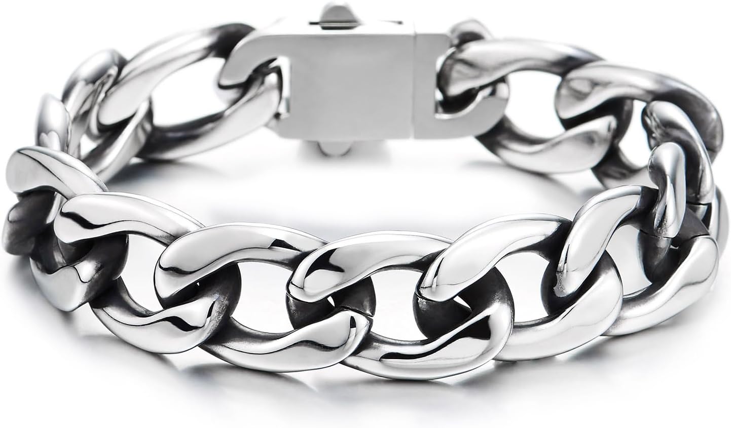 COOLSTEELANDBEYOND Mens Stainless Steel Cuban Link Bracelet Curb Chain, Polished Silver Color, Box Clasp, Hip-Hop Biker