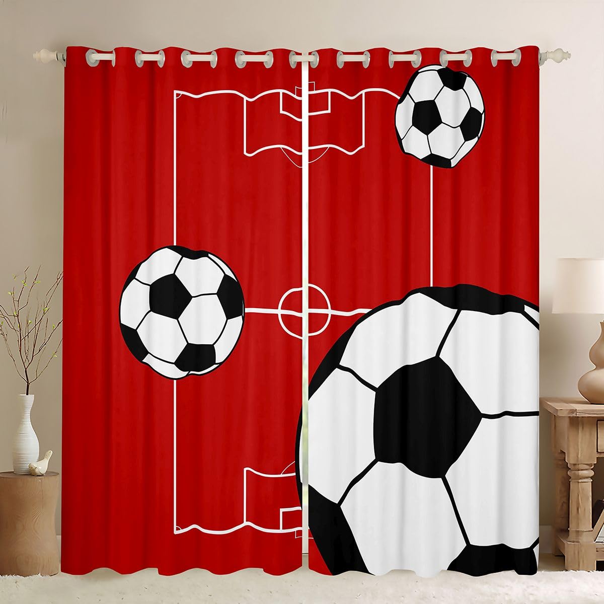 Homewish Football Blackout Curtains 46 x 72 Inch for Bedroom Dorm - Vintage Football Pitch Design Curtains Eyelet for Living Room - Sports Themed Red Darkening Window Drapes 2 Panels โ image 1