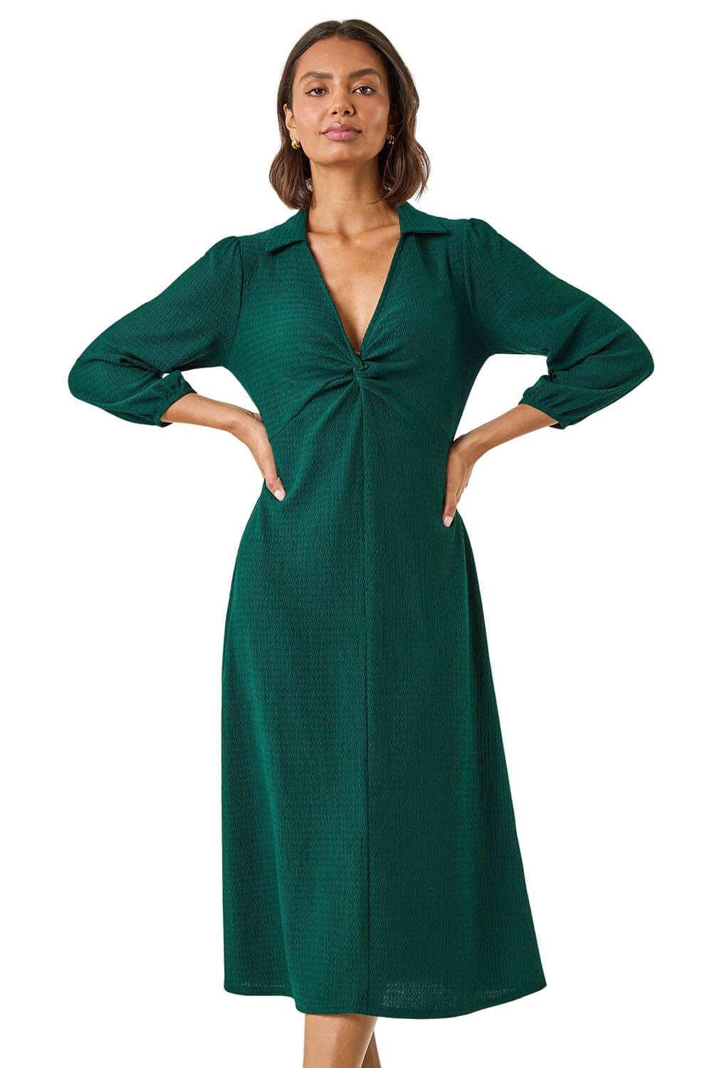 Roman Women's Green Textured Collared Twist Front Dress In | Size: 10