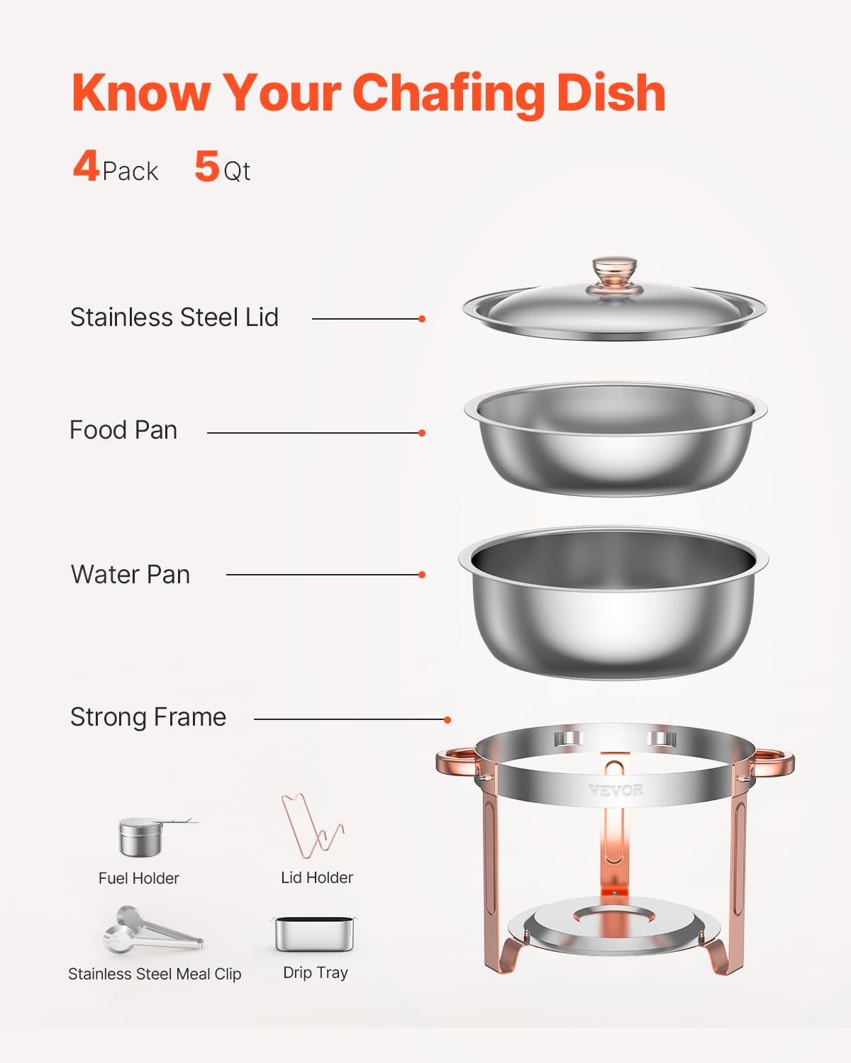 VEVOR Scaldavivande per Buffet con 4 Padelle Full Size Dispenser di Calore Rotondo per Catering con Coperchio, Porta Carburante e Vaschetta per l'Acqua per Matrimoni, Feste, Oro Rosa 4,7 L