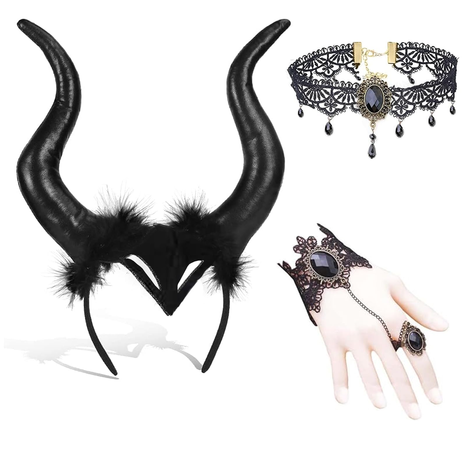 3 Pezzi Corna Diavolo Halloween Fascia Corno Demone Costume Donna Regina Nere Copricapo con Collana Pizzo Corna Diavolo Gotico Antilope per Carnevale Cosplay Halloween
