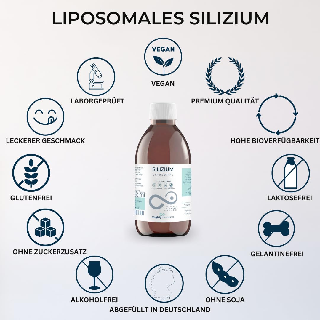 Mighty Elements Silicio liposomal de 200 mg, líquido, súper sabor, vegano, muy alta biodisponibilidad, botella de vidrio de 250 ml
