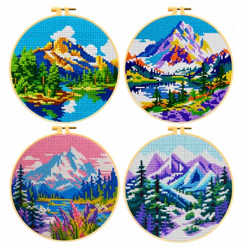 Image of Zhenqing 4 Pack Four Seasons Landscape Stamped Cross Stitch Kit, 11CT Printed Mountain Lake Scenery Patterns with Hoop and Tools, DIY Embroidery Set for Adults and Beginners