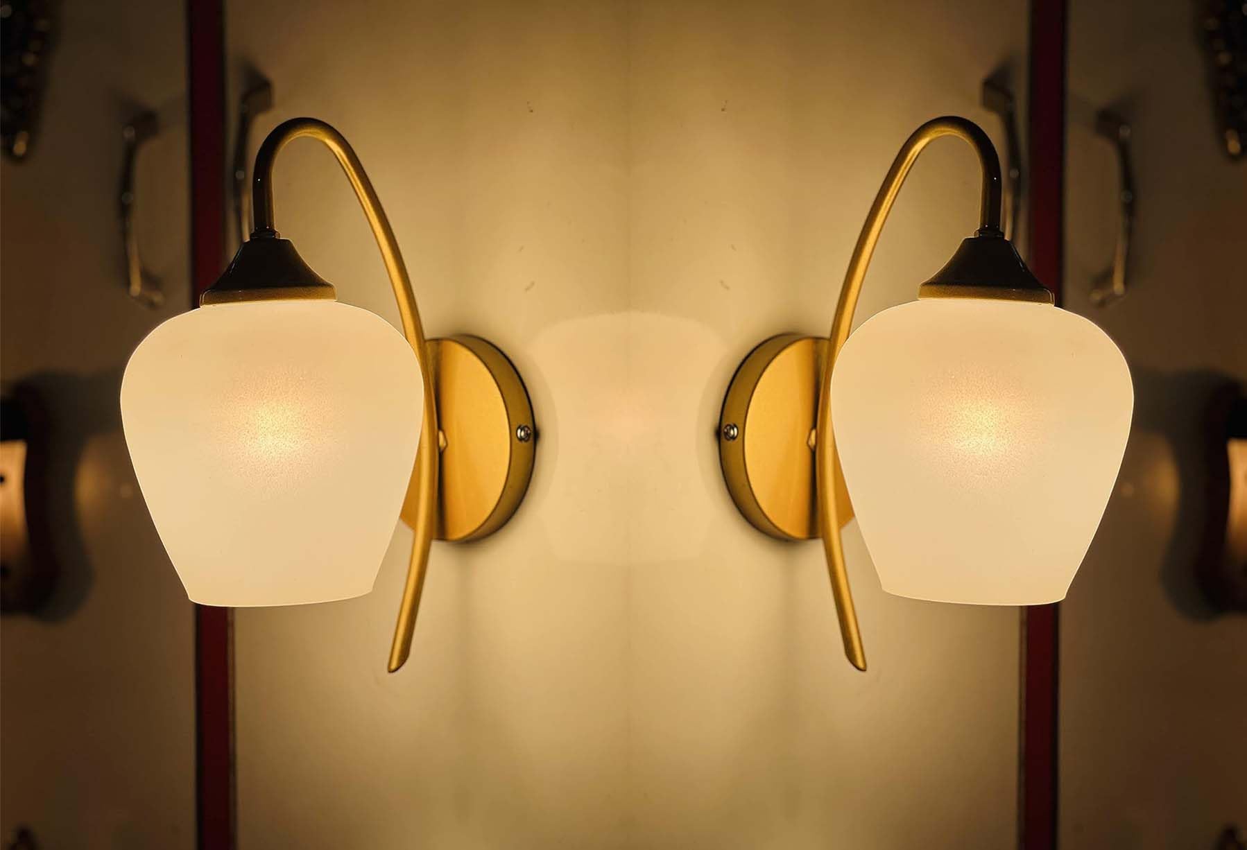 MULTY RAYS Decorative Wall Sconce Golden Band and Beautiful White Glass, with Colour Changing Bulb, (E27 Holder) Pack of 2