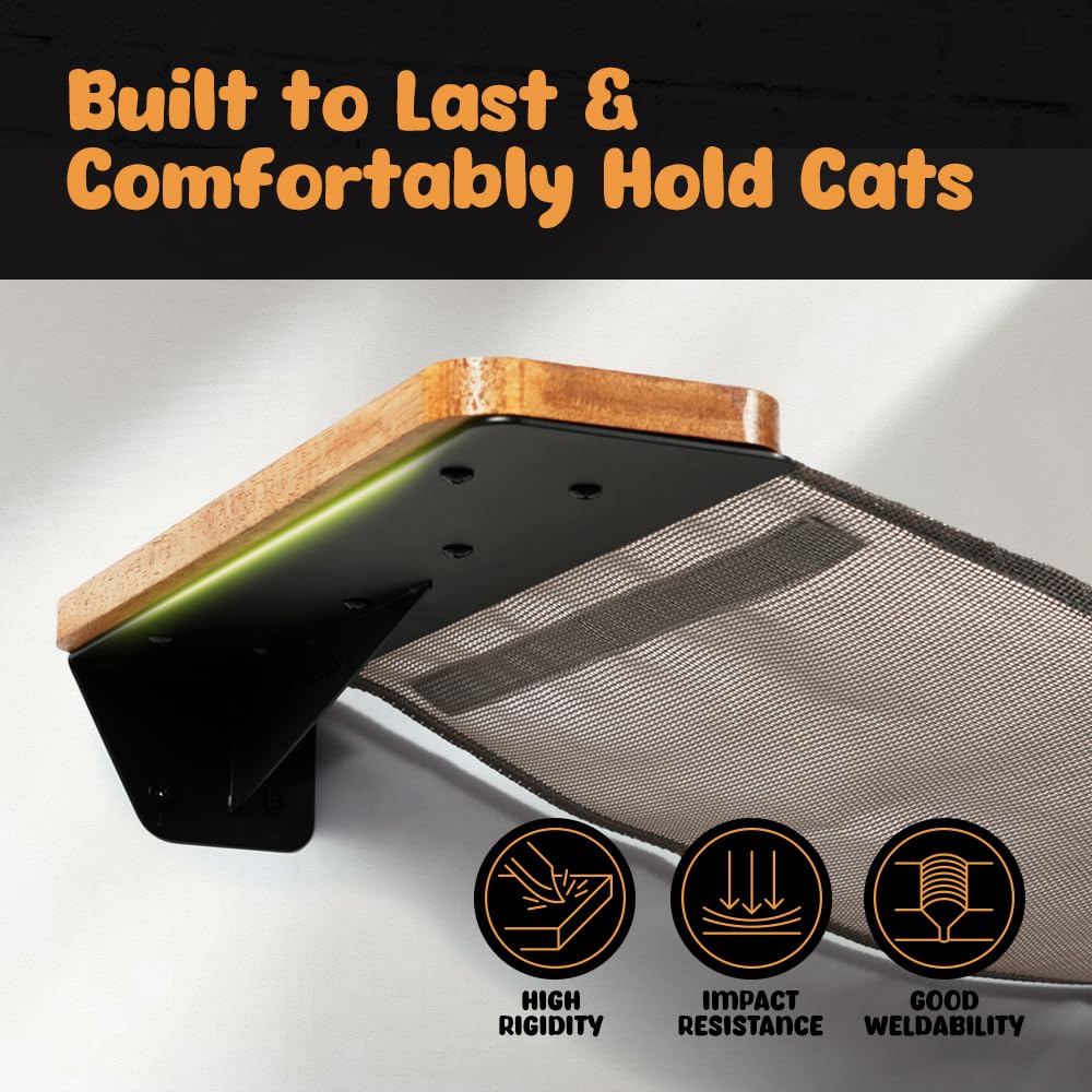 Hamaca de pared para gatos con diseño de doble tela, cama resistente para gatos grandes, puente para gatos y percha de pared para gatos con marco de metal y estante de madera para un descanso