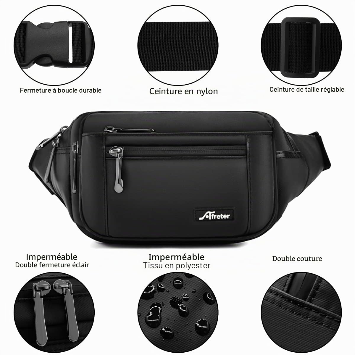 HNOOM Banane Homme Sac Banane Femme Imperméable Sacoche Banane avec 5 Poches et Sangle Réglable, Sac Banane Voyage Randonnée Unisexe Grande Capacité Sacoche de Ceinture (Noir-1)