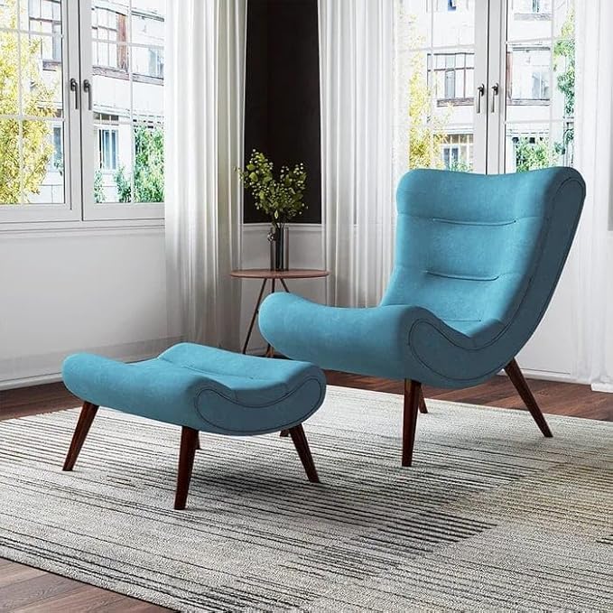 Tufted Lounge Chair and Ottoman Wing Chair for Living Room Bedroom Arm Rest Chair Cushioned Lounge Chair Single Seater Sofa | Luxury Rest Chair Arm Chair (Blue)-image-20