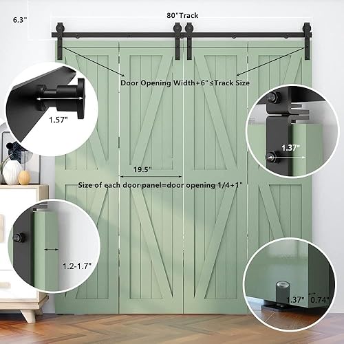 Miniatura 6 de Herrajes para puerta corrediza de granero de 3 pies, suave y silenciosamente, resistente, simple y fácil de instalar para 2 puertas, básico "J" sin