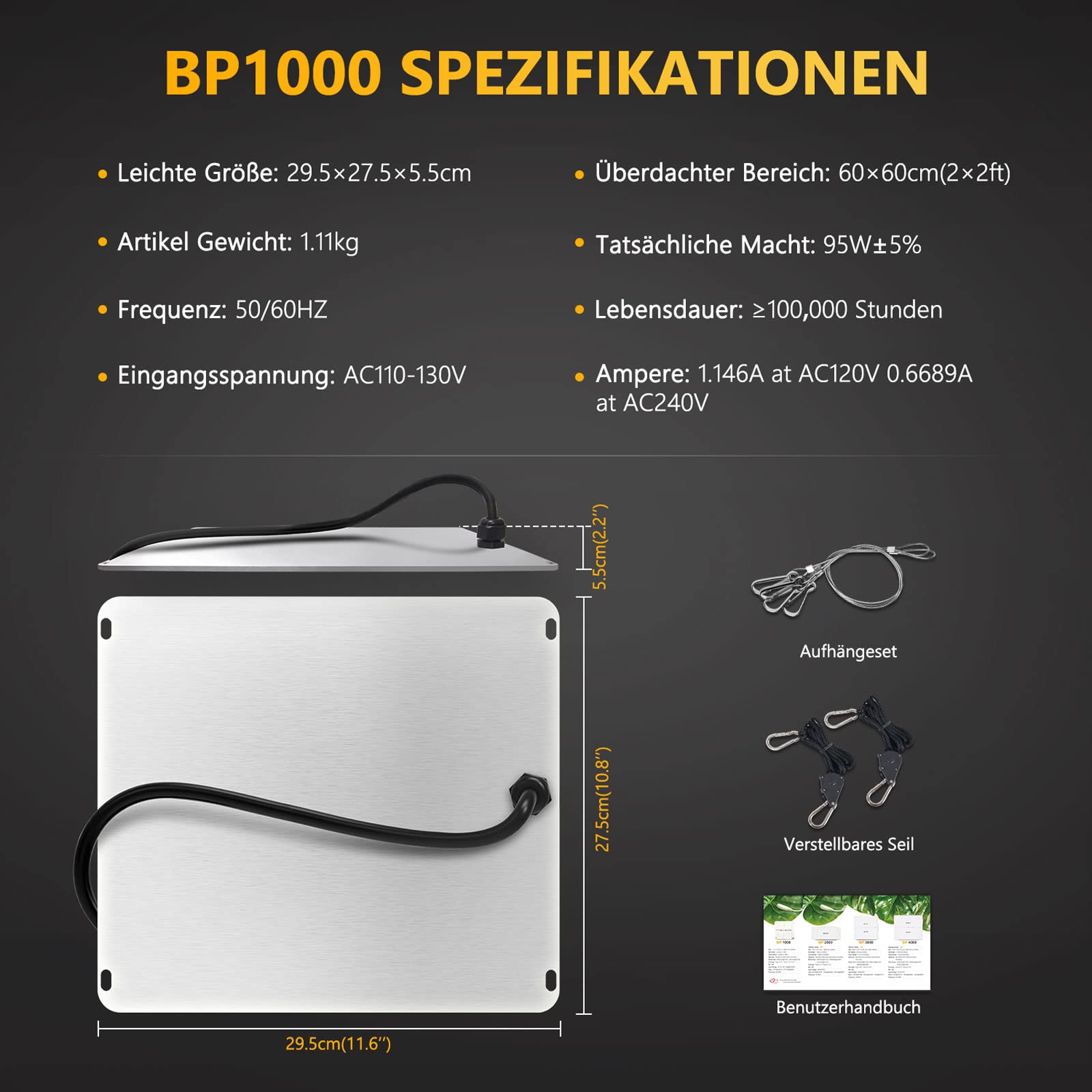 LED Grow Lampe Bloom Plus BP1000 Pflanzenlampe LED Vollspektrum LED Grow Light für Indoor Gartenarbeit Gemüse und Blumenpflanzung Pflanzen anzuchtlampe mit 336 Samsung Dioden