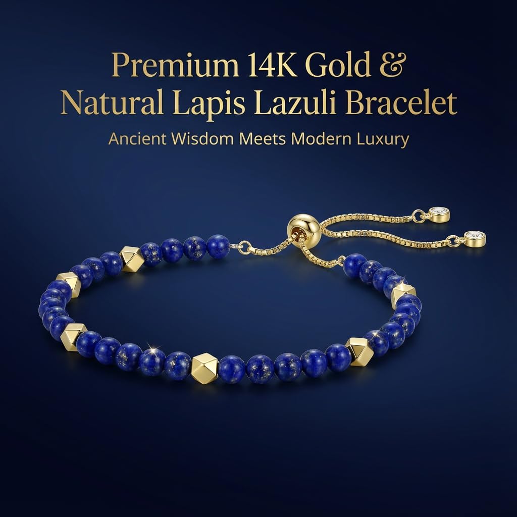 14K Gold Natural Lapis Lazuli Bracelet for Women, Adjustable Beaded Elegant Jewelry - Image 3
