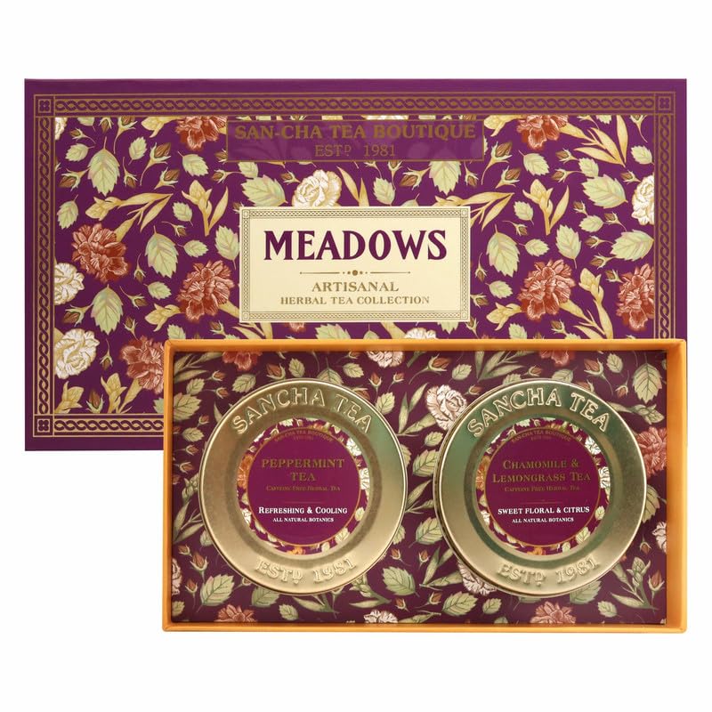 Image of Sancha Tea Boutique, Meadows Collection, Tea Gift Box, Caffeine-Free Herbal Tisanes, Pure Peppermint & Chamomile, 50g x 2 Loose Leaf Herbal Teas