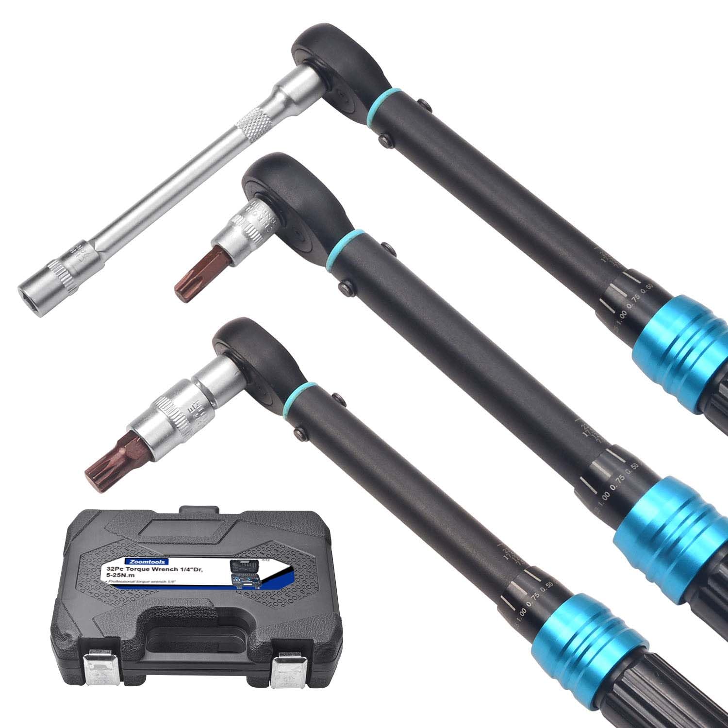 Lot de 32 clés dynamométriques à cliquet réglables de 1/4" pour vélo, 5–25 Nm, ± 3% de précision d'erreur, avec 1 barre d'extension de 10,2 cm, douilles 6–7–8–10–13 mm pour voiture, moto