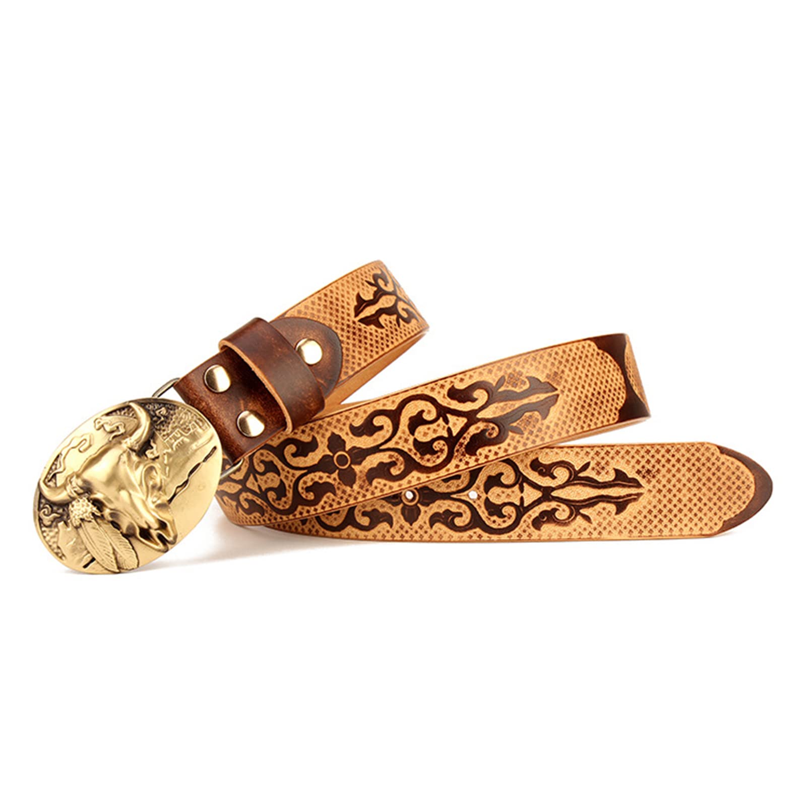 Cintura Western Unisex in Vera Pelle, Cinture in Rilievo 38mm, Cinture Country per Cowgirl Cowboy con Fibbia Vintage Testa di Toro Oro per Pantaloni Jeans