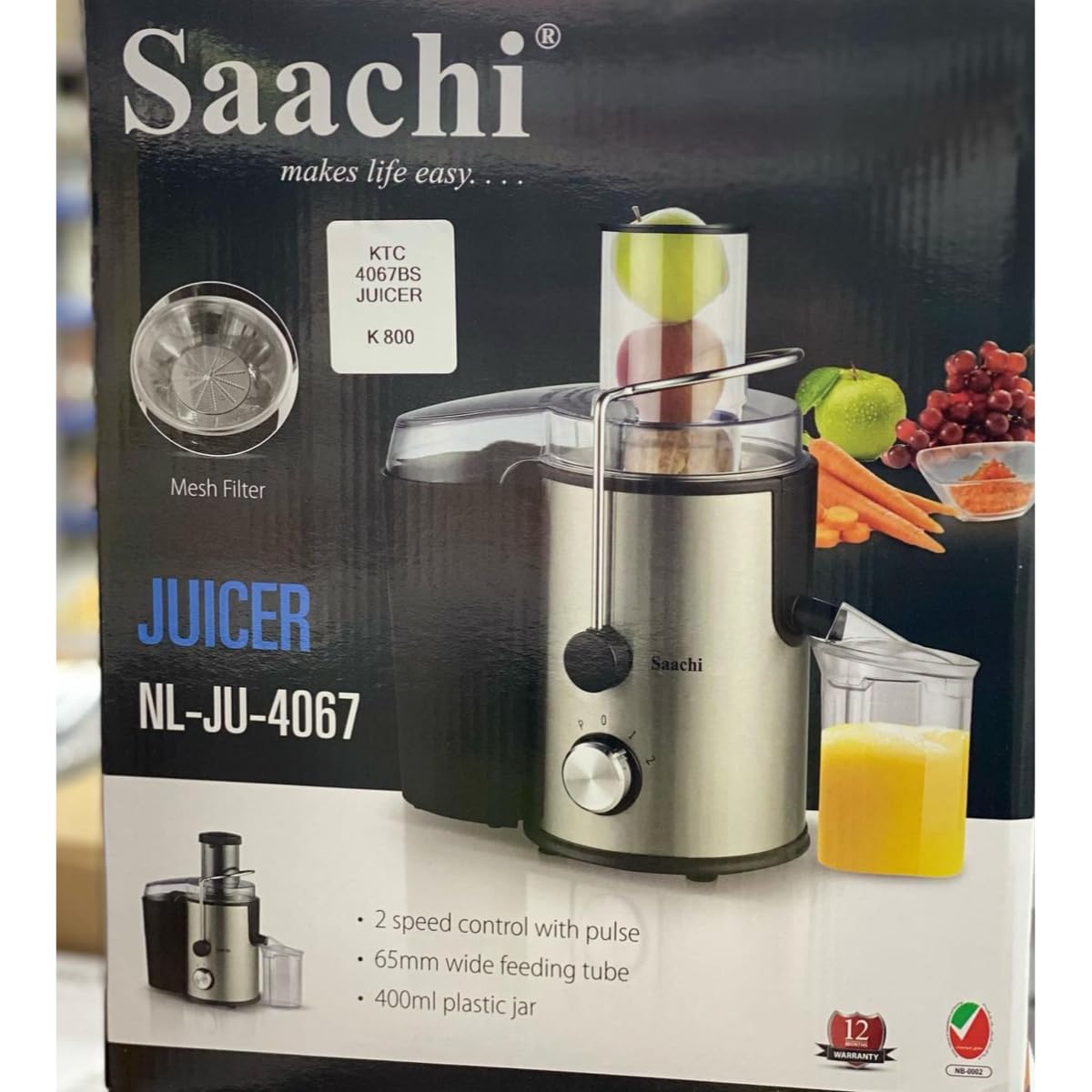 Saachi 500W Juicer Machine with 400ml Jug, Wide Feeding Tube, Dual Speed Control, Stainless Steel Body, BPA-Free, Juice Extractor for Whole Fruits & Vegetables, Overheat Protection, Low Energy
